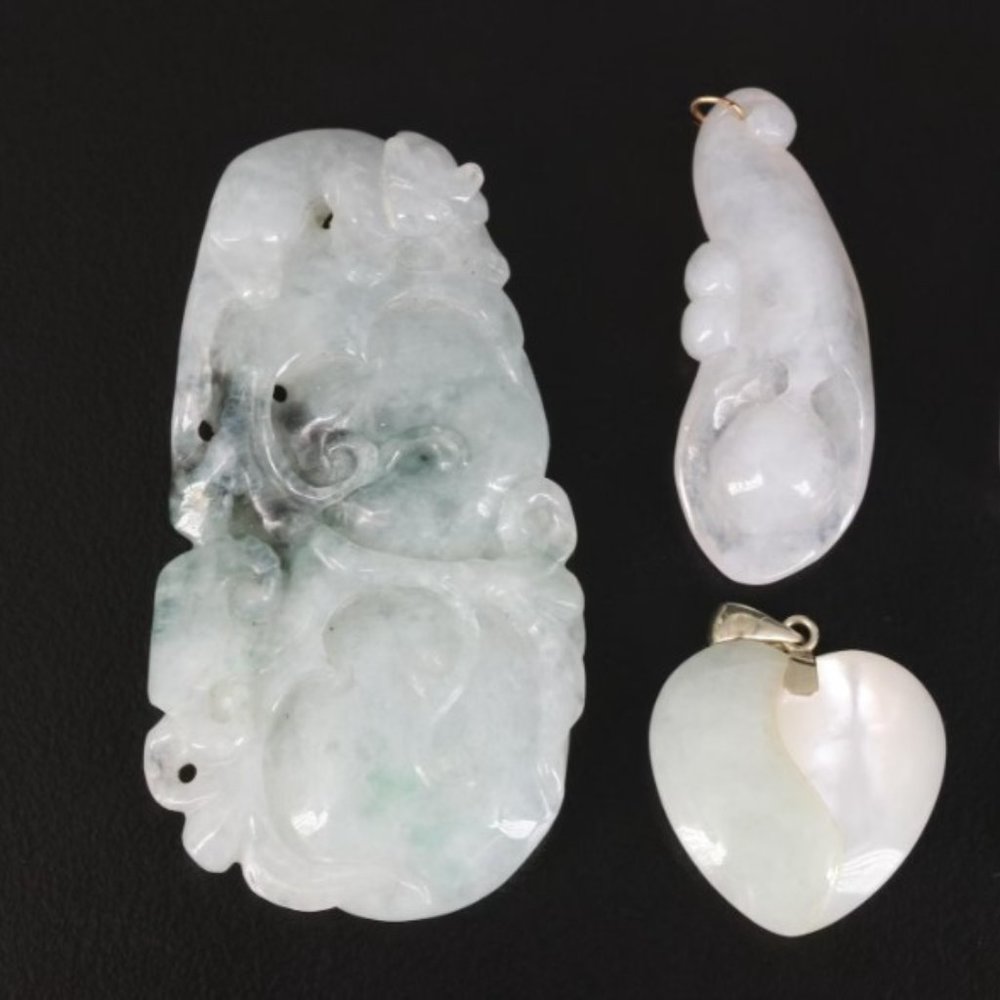 14K Gold Carved Jadeite and Mother-of-Pearl Pendants - Picture 4 of 8
